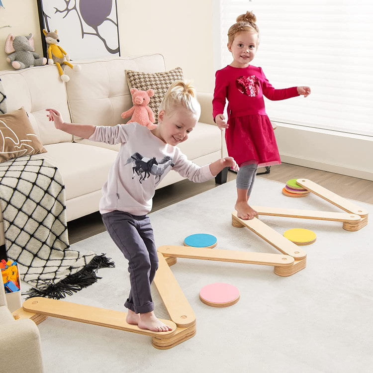 12-Piece Kids Wooden Balance Beam with Colorful Steeping Stones