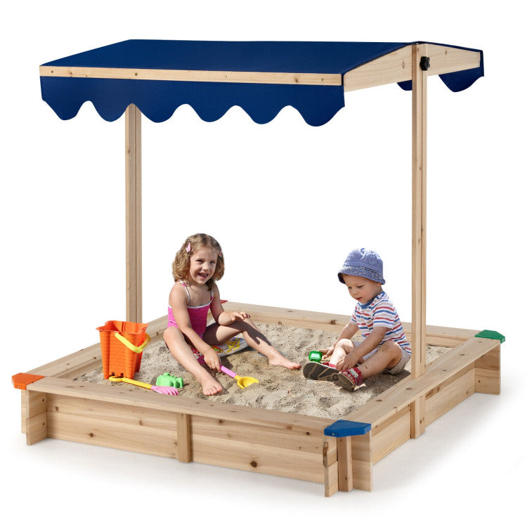 Kids Wooden Sandbox with Height Adjustable and Rotatable Canopy Outdoor Play set