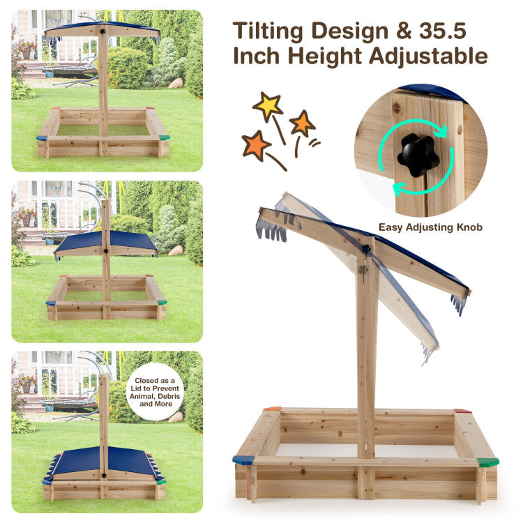 Kids Wooden Sandbox with Height Adjustable and Rotatable Canopy Outdoor Play set