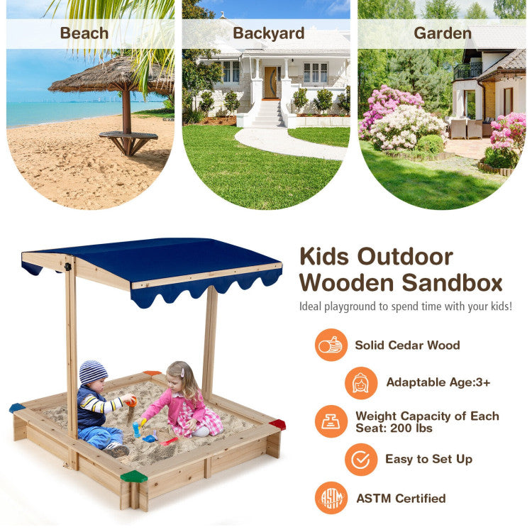 Kids Wooden Sandbox with Height Adjustable and Rotatable Canopy Outdoor Play set