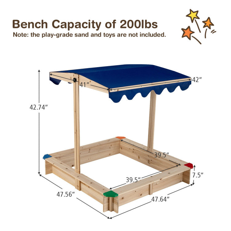 Kids Wooden Sandbox with Height Adjustable and Rotatable Canopy Outdoor Play set