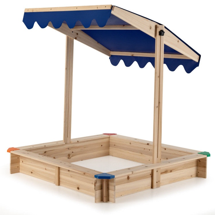 Kids Wooden Sandbox with Height Adjustable and Rotatable Canopy Outdoor Play set