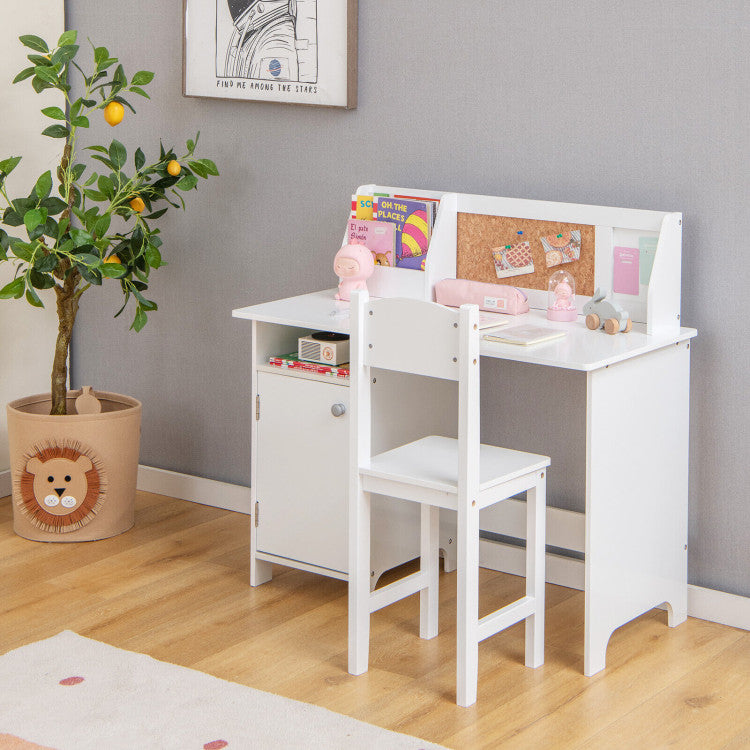 Wooden Kids Desk and Chair with Storage Cabinet and Bulletin Board