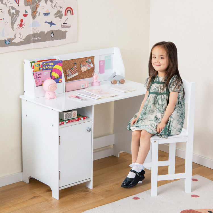 Wooden Kids Desk and Chair with Storage Cabinet and Bulletin Board
