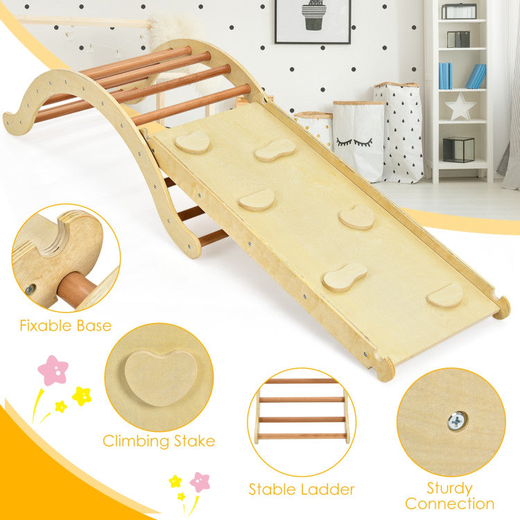 3-in-1 Kids Climber Set Wooden Arch Triangle Rocker with Ramp and Mat