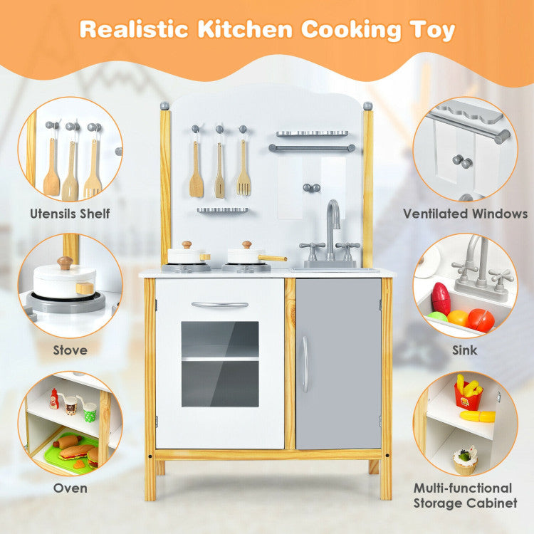 Kids Play Kitchen Set Toddler Pretend Cooking Set with Cabinet and Accessories