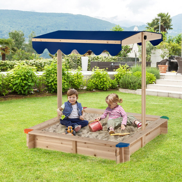 Kids Wooden Sandbox with Height Adjustable and Rotatable Canopy Outdoor Play set