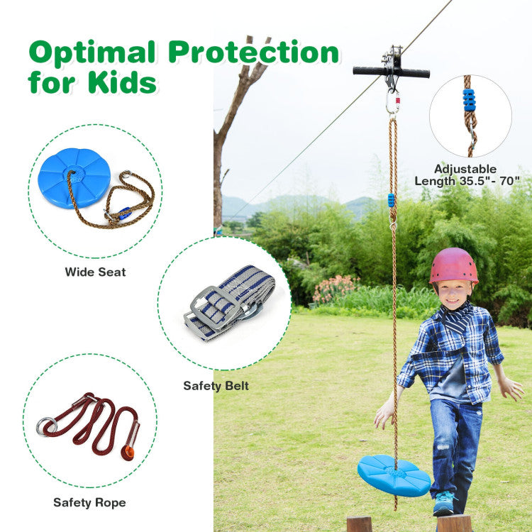 100 Feet Zipline Kit for Backyard Kids Adults with Stainless Steel Spring Brake Seat